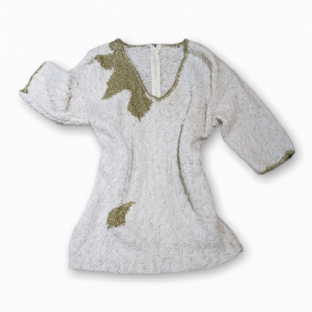 Vintage 3/4 Sleeve White Gold Acrylic V-Neck Sweater Sweatshirt
